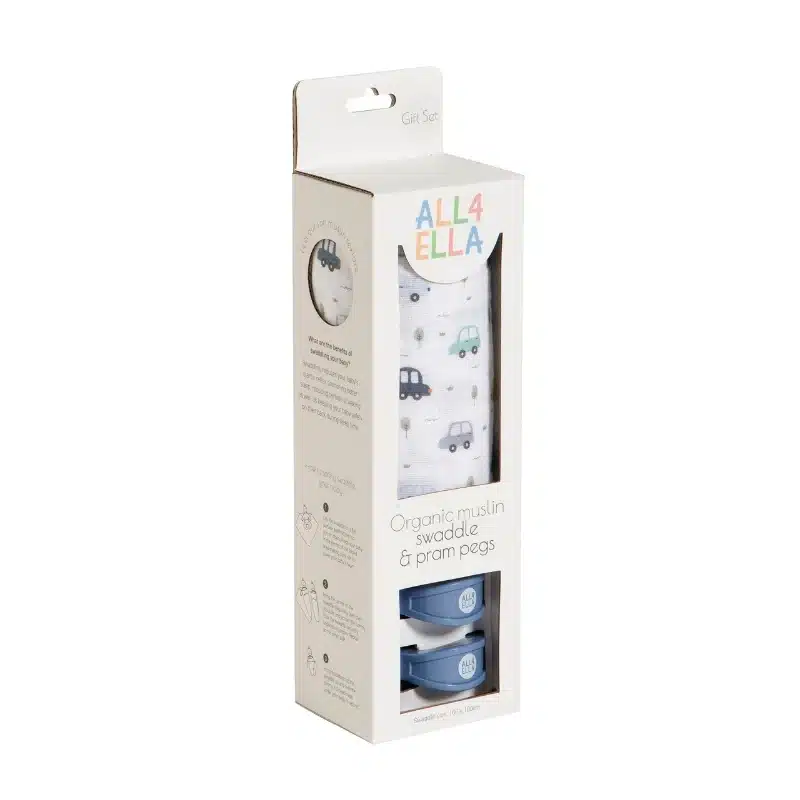 Organic muslin swaddle & 2 pram peg gift set - Beep Beep - Image 2